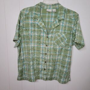 Erika Shirt Top Button Up Womens Large Green White Plaid Floral Short Sleeve